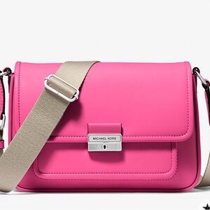 Michael Kors Bradshaw dragonfruit medium‎ Leather Crossbody with Beige Strap